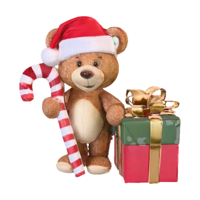 Cute Teddy bear wearing Santa hat, holding a large candycane, next to gift… 3D model, vytvořený pomocí AI