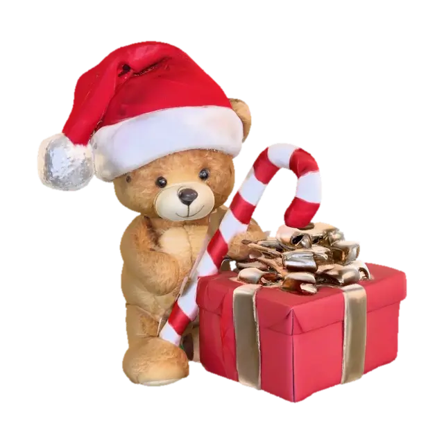 Cute Teddy bear wearing Santa hat, holding a large candycane, next to gift… 3D model, vytvořený pomocí AI