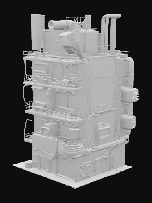 3D model for Create a 3D model of a cyberpunk building: multi-level, with neon signs, exposed wiring, and graffiti. Combine chrome metal, dirty concrete, and holographic screens. Asymmetry, overhanging structures, ventilation pipes. Neon (blue/purple) + warm light accents. Environment: fog, rain, wires between buildings. Optimized for Unreal Engine 5, PBR textures. Style: Cyberpunk 2077, Blade Runner