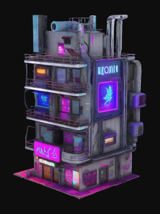 3D model for Create a 3D model of a cyberpunk building: multi-level, with neon signs, exposed wiring, and graffiti. Combine chrome metal, dirty concrete, and holographic screens. Asymmetry, overhanging structures, ventilation pipes. Neon (blue/purple) + warm light accents. Environment: fog, rain, wires between buildings. Optimized for Unreal Engine 5, PBR textures. Style: Cyberpunk 2077, Blade Runner