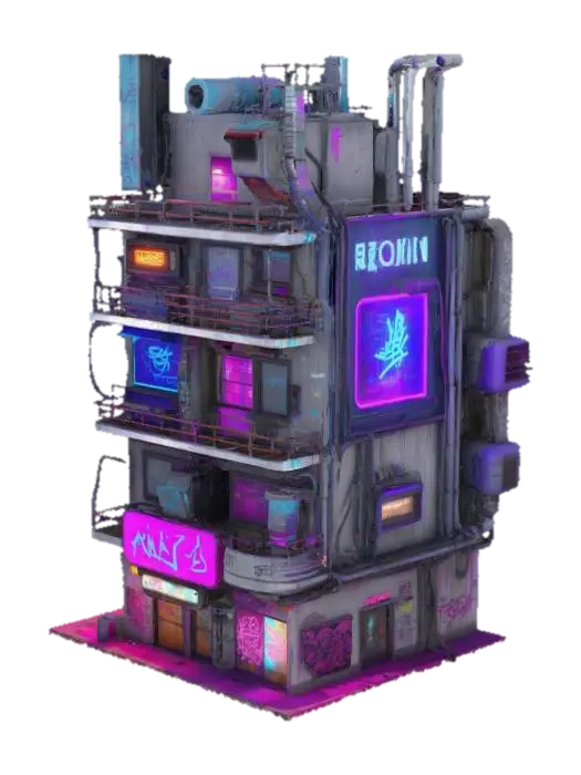 3D model for Create a 3D model of a cyberpunk building: multi-level, with neon signs, exposed wiring, and graffiti. Combine chrome metal, dirty concrete, and holographic screens. Asymmetry, overhanging structures, ventilation pipes. Neon (blue/purple) + warm light accents. Environment: fog, rain, wires between buildings. Optimized for Unreal Engine 5, PBR textures. Style: Cyberpunk 2077, Blade Runner