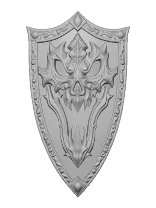 3D model for A warrior’s shield, coated in  black enamel, featuring a detailed, ornate jack-o’-lantern emblem. The jack-o’-lantern glows in deep orange tones, with sinister black eyes, nose, and mouth carved in sharp, menacing detail. The design is intricately engraved and surrounded by gothic filigree metalwork. The shield’s surface gleams under moody lighting, with reflections emphasizing its craftsmanship and eerie Halloween atmosphere. Highly detailed, hyper-realistic, cinematic lighting, dark fantasy art style., #Halloween2025#