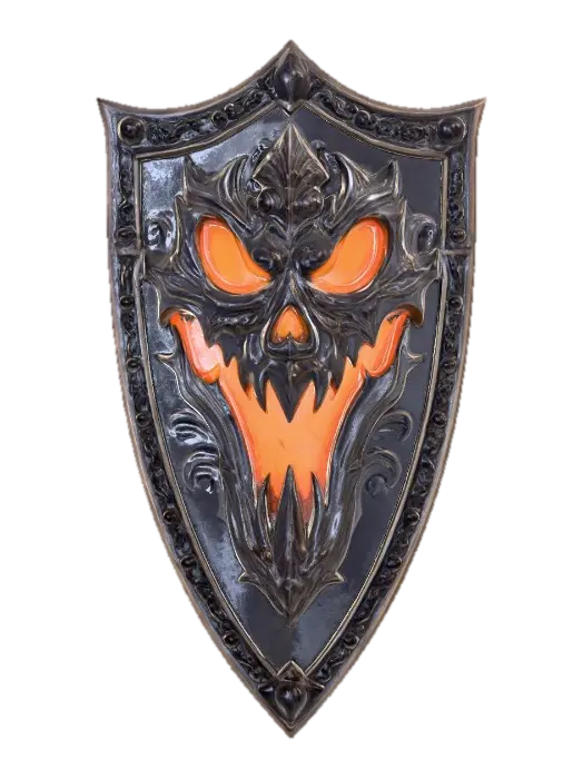 3D model for A warrior’s shield, coated in  black enamel, featuring a detailed, ornate jack-o’-lantern emblem. The jack-o’-lantern glows in deep orange tones, with sinister black eyes, nose, and mouth carved in sharp, menacing detail. The design is intricately engraved and surrounded by gothic filigree metalwork. The shield’s surface gleams under moody lighting, with reflections emphasizing its craftsmanship and eerie Halloween atmosphere. Highly detailed, hyper-realistic, cinematic lighting, dark fantasy art style., #Halloween2025#