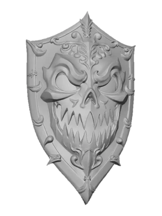 3D model for A warrior’s shield, coated in  black enamel, featuring a detailed, ornate jack-o’-lantern emblem. The jack-o’-lantern glows in deep orange tones, with sinister black eyes, nose, and mouth carved in sharp, menacing detail. The design is intricately engraved and surrounded by gothic filigree metalwork. The shield’s surface gleams under moody lighting, with reflections emphasizing its craftsmanship and eerie Halloween atmosphere. Highly detailed, hyper-realistic, cinematic lighting, dark fantasy art style., #Halloween2025#