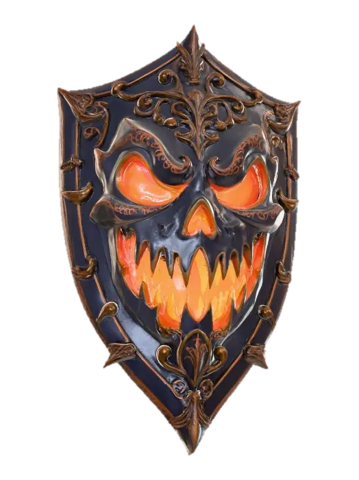 3D model for A warrior’s shield, coated in  black enamel, featuring a detailed, ornate jack-o’-lantern emblem. The jack-o’-lantern glows in deep orange tones, with sinister black eyes, nose, and mouth carved in sharp, menacing detail. The design is intricately engraved and surrounded by gothic filigree metalwork. The shield’s surface gleams under moody lighting, with reflections emphasizing its craftsmanship and eerie Halloween atmosphere. Highly detailed, hyper-realistic, cinematic lighting, dark fantasy art style., #Halloween2025#