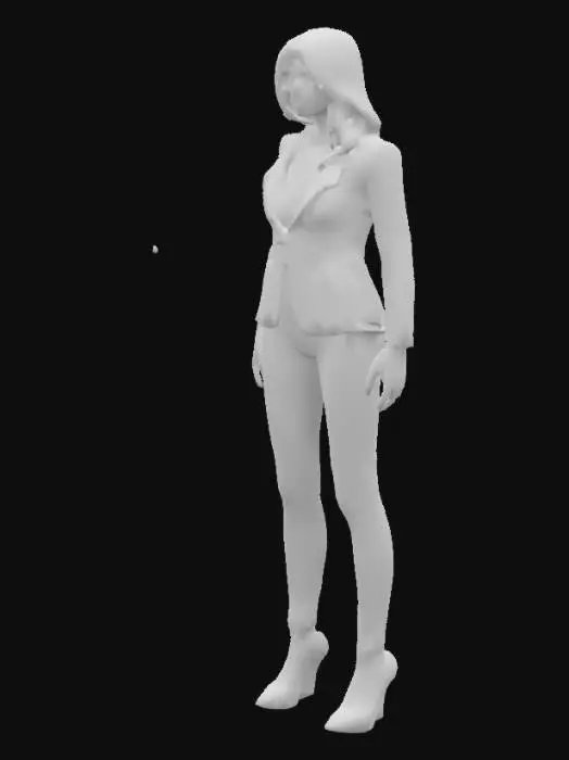 3D model for 40-year-old girl with long blonde hair, wearing white tuxedo with long white pants and white high heels.. Style looks elegant. 5'8'' height