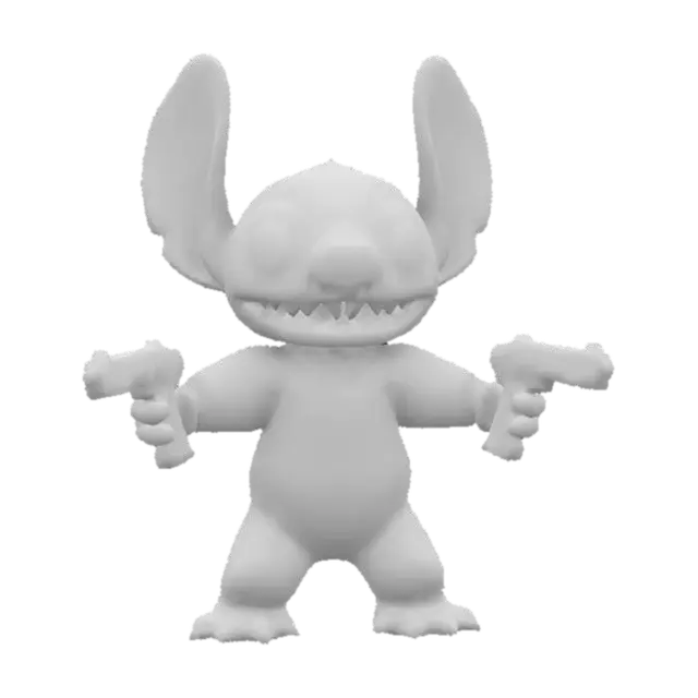 3D model for Galactic Stitch with orange spacesuit, two blasters in the hands; Highly Detailed, Ultra Realistic, Full Body, A-pose