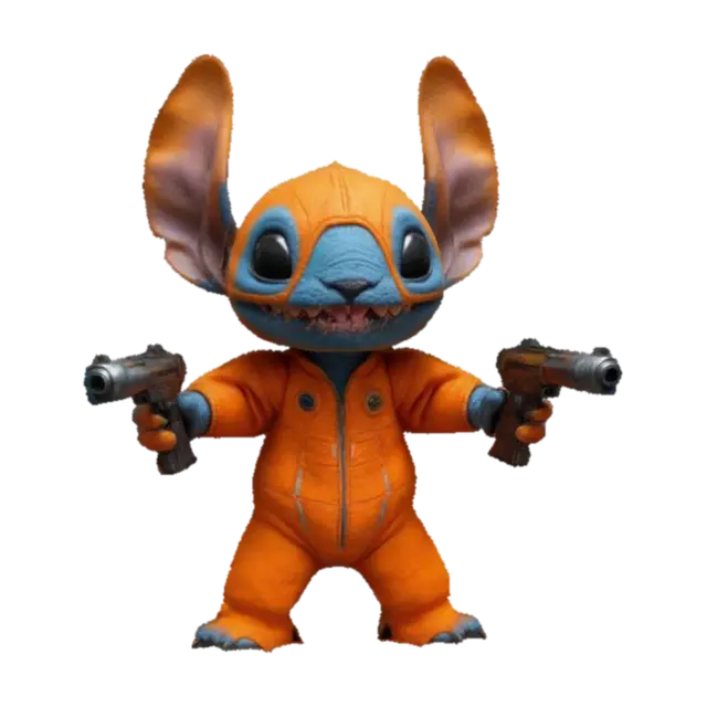 3D model for Galactic Stitch with orange spacesuit, two blasters in the hands; Highly Detailed, Ultra Realistic, Full Body, A-pose