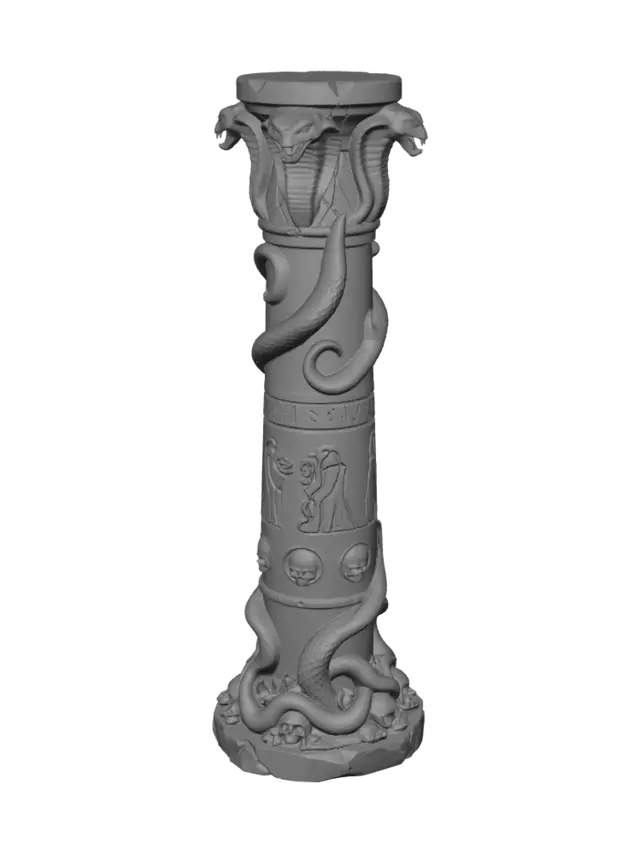 3D model for Ancient evil Naga temple stone column, dark fantasy, game-ready 3D asset. Tall cylindrical pillar carved from ancient black basalt with cracked weathered surfaces. Massive serpents coil around the entire column, their scales intricately sculpted into the stone. The capital features multiple cobra heads with open fangs, glowing emerald gemstones embedded in their foreheads. The shaft is covered in sinister naga runes, sacrificial engravings, venom channels, and reliefs depicting snake worship, sacrifices, and corrupted priests.

The base is decorated with intertwined serpent tails, skulls, bones, and worn ritual carvings. Broken edges, chipped stone, moss, age damage, and subtle green magical corruption. Evil temple aesthetic, oppressive atmosphere, highly detailed sculpt, realistic PBR mat