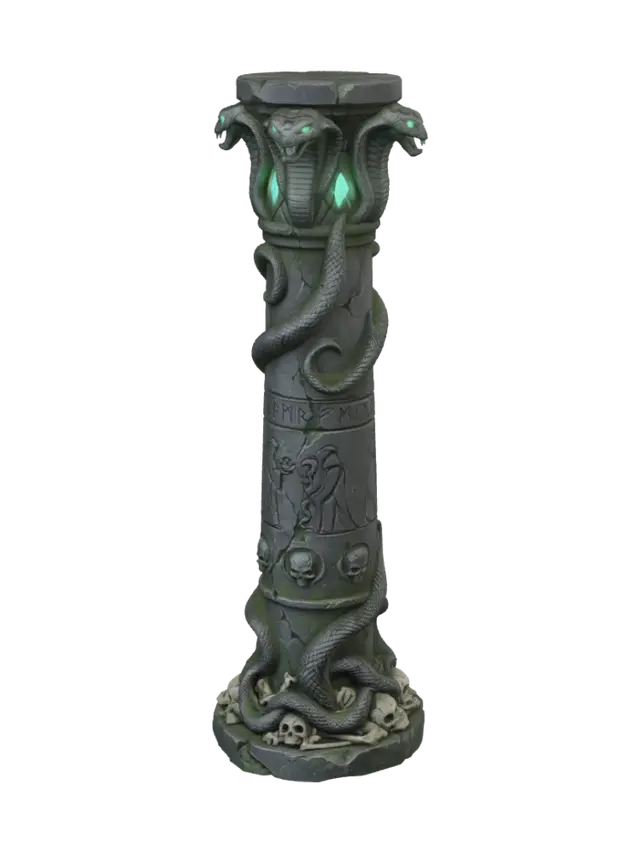 3D model for Ancient evil Naga temple stone column, dark fantasy, game-ready 3D asset. Tall cylindrical pillar carved from ancient black basalt with cracked weathered surfaces. Massive serpents coil around the entire column, their scales intricately sculpted into the stone. The capital features multiple cobra heads with open fangs, glowing emerald gemstones embedded in their foreheads. The shaft is covered in sinister naga runes, sacrificial engravings, venom channels, and reliefs depicting snake worship, sacrifices, and corrupted priests.

The base is decorated with intertwined serpent tails, skulls, bones, and worn ritual carvings. Broken edges, chipped stone, moss, age damage, and subtle green magical corruption. Evil temple aesthetic, oppressive atmosphere, highly detailed sculpt, realistic PBR mat
