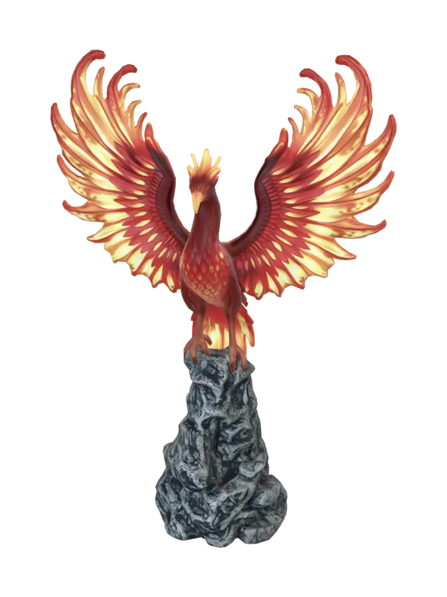 A large statue featuring a phoenix. A flame phoenix. Represents the endless cycle… - Stoic 3D model, vytvořený pomocí AI