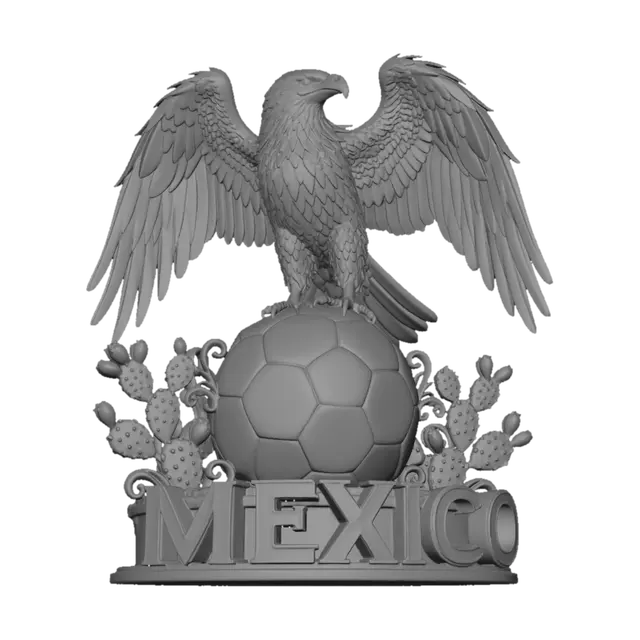 3D model for águila real mexicana majestuosa, de pie con alas parcialmente extendidas, plumas detalladas en tonos café y dorado, rodeada de nopales verdes con tunas rojas, composición ornamental y orgullosa. Incluir la palabra “MEXICO” en letras grandes 3D en la base. Estilo realista estilizado, elegante, icónico, muy mexicano con un balon gigante dorado debajo de ella