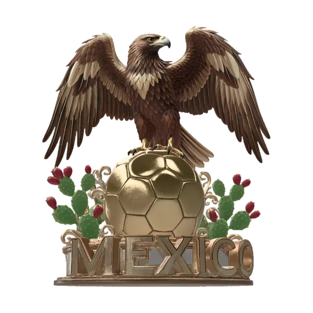 3D model for águila real mexicana majestuosa, de pie con alas parcialmente extendidas, plumas detalladas en tonos café y dorado, rodeada de nopales verdes con tunas rojas, composición ornamental y orgullosa. Incluir la palabra “MEXICO” en letras grandes 3D en la base. Estilo realista estilizado, elegante, icónico, muy mexicano con un balon gigante dorado debajo de ella