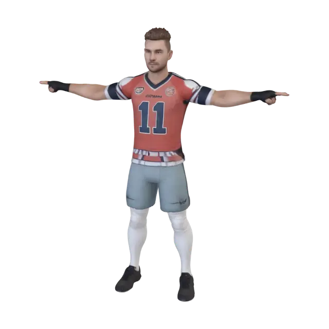 3D model for Create a realistic game-ready 3D male football player with an athletic build, original face, and modern hairstyle. Dress the character in a professional football jersey, shorts, socks, shin guards, and football boots. Use clean topology, realistic PBR textures, optimized geometry, and a fully rigged humanoid skeleton compatible with Unreal Engine, Blender, Mixamo, and PlayCanvas. Generate the model in a T-Pose with high-quality materials, proper UV mapping, and export as FBX or GLB for real-time game development.
