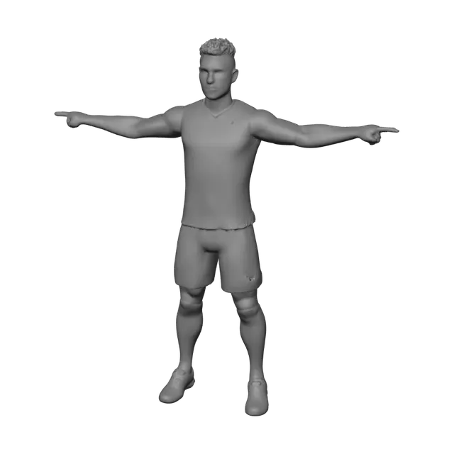 3D model for Create a realistic game-ready 3D male football player with an athletic build, original face, and modern hairstyle. Dress the character in a professional football jersey, shorts, socks, shin guards, and football boots. Use clean topology, realistic PBR textures, optimized geometry, and a fully rigged humanoid skeleton compatible with Unreal Engine, Blender, Mixamo, and PlayCanvas. Generate the model in a T-Pose with high-quality materials, proper UV mapping, and export as FBX or GLB for real-time game development.
