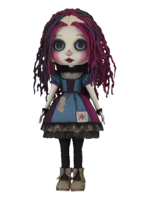a gothic ,creepy Alice in wonderland inspired Ragdoll, highly detailed embroidery… 3D model, vytvořený pomocí AI