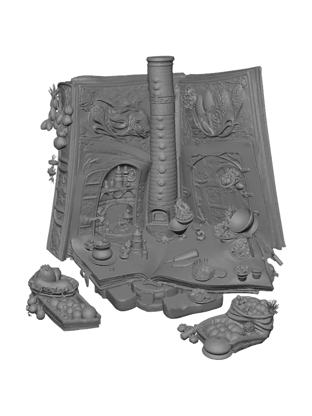 3D model for An enormous ancient spellbook magically unfolded into an enchanted medieval kitchen, leather tome open on a stone pedestal. The left page folds into a stone fireplace and glowing oven. The right page becomes an oak table covered with magical ingredients. The leather spine forms a brick chimney wrapped in glowing emerald runes releasing curling magical smoke. No humans. Tiny enchanted utensils work alone: a wooden spoon stirs a bubbling cauldron, a rolling pin flattens glowing dough, a whisk beats sparkling batter in a brass bowl, a knife floats slicing vegetables, copper pans hover over blue magic flames. Illuminated calligraphy lifts from parchment as glowing ribbons, becoming food: bread rising from illustrated recipes, golden pies emerging from ink drawings, vegetables climbing from