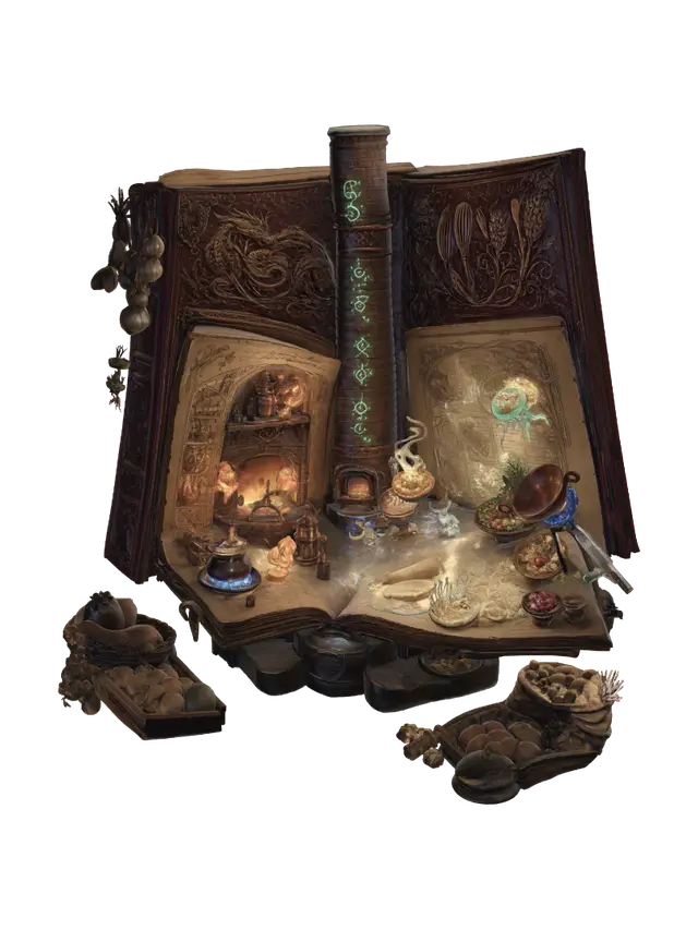3D model for An enormous ancient spellbook magically unfolded into an enchanted medieval kitchen, leather tome open on a stone pedestal. The left page folds into a stone fireplace and glowing oven. The right page becomes an oak table covered with magical ingredients. The leather spine forms a brick chimney wrapped in glowing emerald runes releasing curling magical smoke. No humans. Tiny enchanted utensils work alone: a wooden spoon stirs a bubbling cauldron, a rolling pin flattens glowing dough, a whisk beats sparkling batter in a brass bowl, a knife floats slicing vegetables, copper pans hover over blue magic flames. Illuminated calligraphy lifts from parchment as glowing ribbons, becoming food: bread rising from illustrated recipes, golden pies emerging from ink drawings, vegetables climbing from