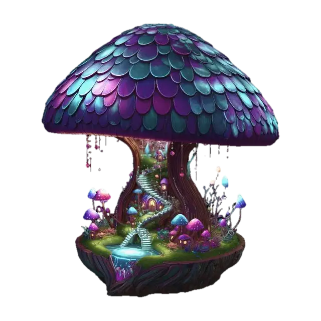 Luminous Mushroom Village 3D model, vytvořený pomocí AI
