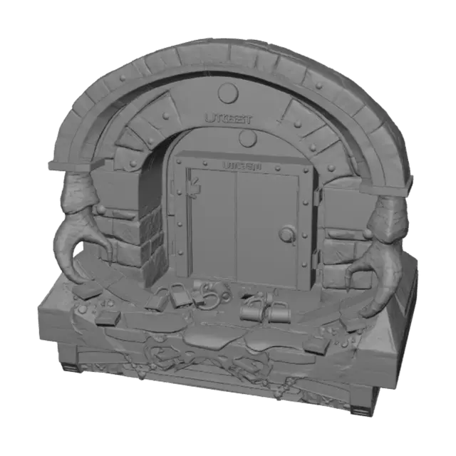 3D model for Вход в подземный бункер с металлической герметичной дверью. Дверь имеет замки по краям для лучшей герметизации. Замки и дверь сильно повреждены. Дверь упала на землю. Стена вокруг двери железная напрессованным вокруг двери обозначением желто-черные полосы. Стена имеет повреждения от когтей огромных животных.