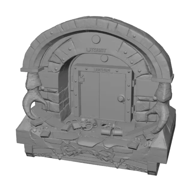 3D model for Вход в подземный бункер с металлической герметичной дверью. Дверь имеет замки по краям для лучшей герметизации. Замки и дверь сильно повреждены. Дверь упала на землю. Стена вокруг двери железная напрессованным вокруг двери обозначением желто-черные полосы. Стена имеет повреждения от когтей огромных животных.