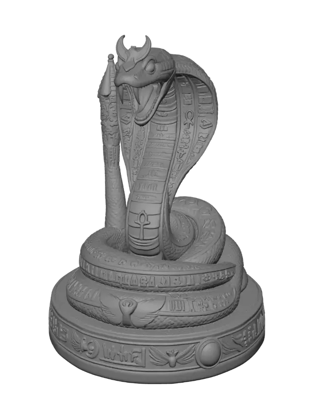 3D model for Ornate Egyptian serpent Apep sculpture figurine, intricate coiled cobra pose, ankh symbols and hieroglyphs etched into scales, gold and lapis lazuli coloring, decorative Egyptian motifs, highly detailed surface engravings, isolated on clean white background, product render style, studio lighting, isometric view