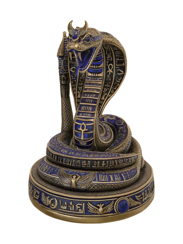 3D model for Ornate Egyptian serpent Apep sculpture figurine, intricate coiled cobra pose, ankh symbols and hieroglyphs etched into scales, gold and lapis lazuli coloring, decorative Egyptian motifs, highly detailed surface engravings, isolated on clean white background, product render style, studio lighting, isometric view