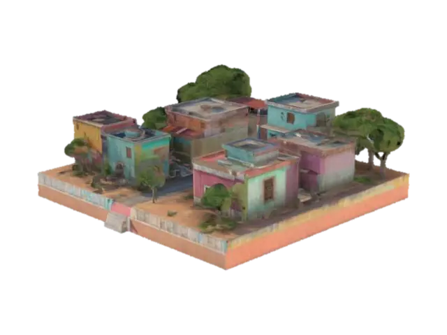 Generate a low-poly 3D model of a small Indian town. Include a cluster of decent… - Streets 3D model, vytvořený pomocí AI