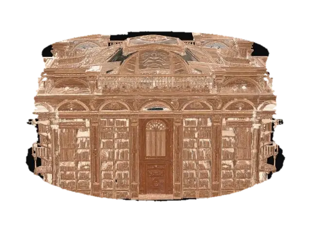 circular balcony corridor, wooden railing, second floor library structure,… - Secondfloor 3D model, vytvořený pomocí AI