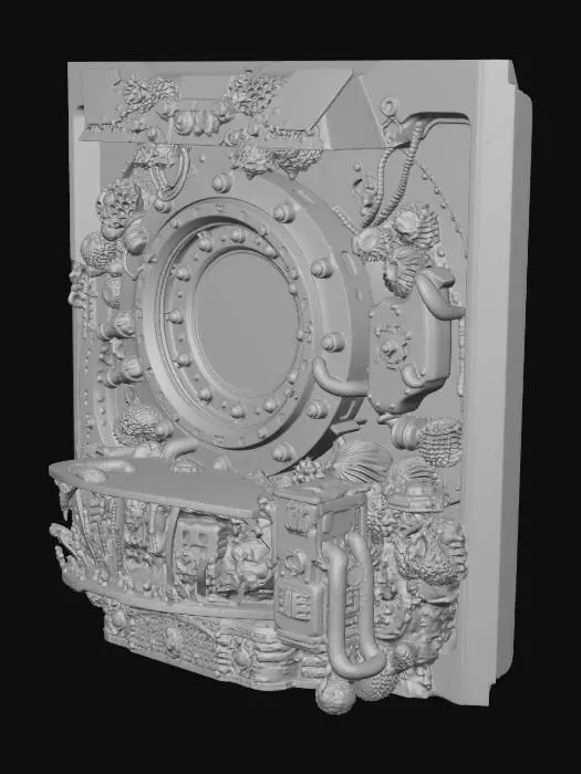 3D model for A massive deep sea pressure bulkhead door, circular hatch design, titanium ceramic alloy, heavily corroded by saltwater, mechanical locking arms, glowing cyan seal lines, thick rubber pressure ring, barnacles and tube worms attached, dark sci-fi abyssal research facility style, realistic PBR, roughness variation, wet surface, cinematic underwater lighting