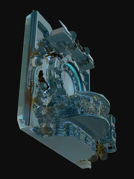 3D model for A massive deep sea pressure bulkhead door, circular hatch design, titanium ceramic alloy, heavily corroded by saltwater, mechanical locking arms, glowing cyan seal lines, thick rubber pressure ring, barnacles and tube worms attached, dark sci-fi abyssal research facility style, realistic PBR, roughness variation, wet surface, cinematic underwater lighting