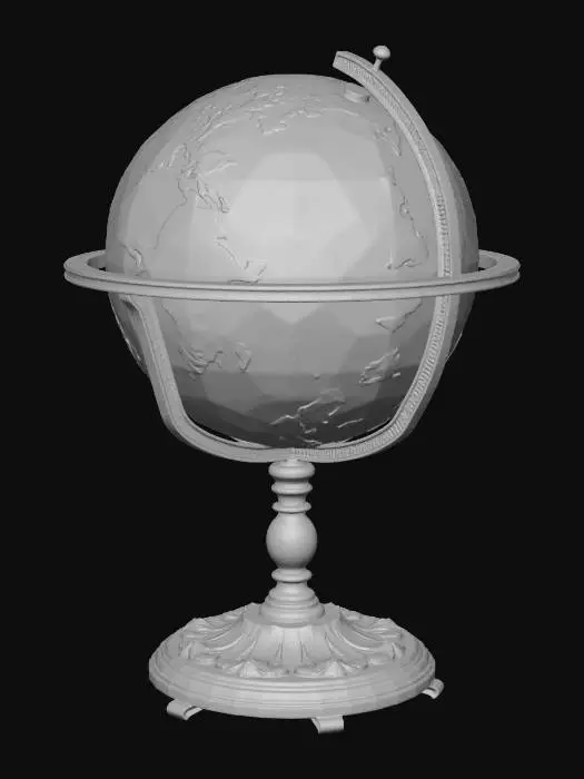3D model for A classical wooden-stand globe with aged paper maps, intricate brass meridian, and a detailed compass rose on the base.