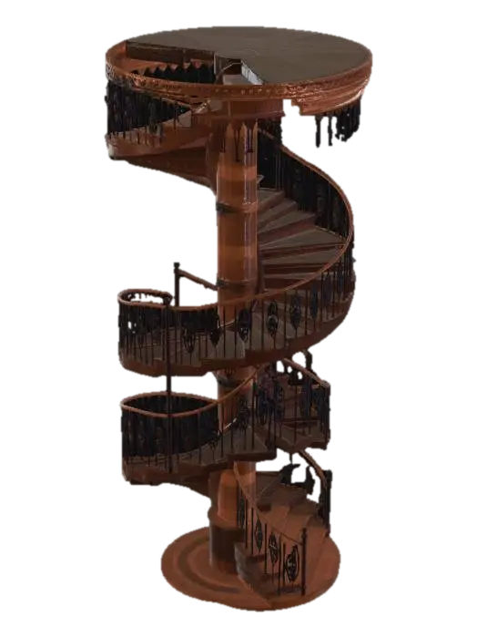 A grand, multi-turn spiral staircase module made of rich dark wood and intricate… - Stair 3D model, vytvořený pomocí AI