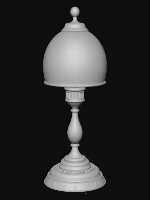 3D model for 3D model of an antique metal (brass) desk lamp placed on a reading table, featuring a distinctive green glass shade. It is simpler in design than the ornate foreground lamp but still period-appropriate. The green glass is frosted to diffuse light.