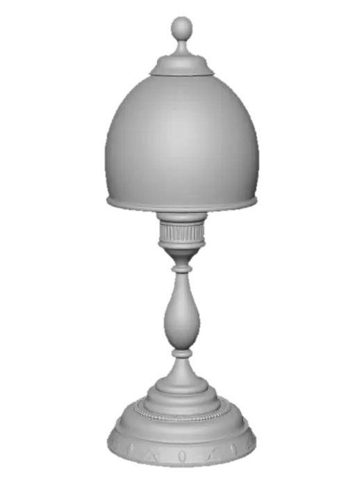 3D model for 3D model of an antique metal (brass) desk lamp placed on a reading table, featuring a distinctive green glass shade. It is simpler in design than the ornate foreground lamp but still period-appropriate. The green glass is frosted to diffuse light.