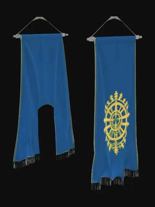 3D model for 3D model of blue fabric banners suspended from the library ceiling. They are made of aged, heavy blue cloth. Each banner features a complex, embroidered golden crest (a stylized sun and compass rose pattern) at its center, surrounded by other smaller heraldic details. The fabric should show wear and texture.