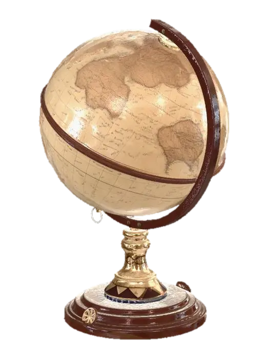 A classical wooden-stand globe with aged paper maps, intricate brass meridian, and a… - World 3D model, vytvořený pomocí AI