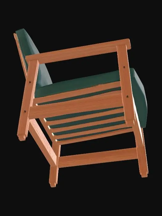 3D model for A realistic university library chair, designed for long study sessions, minimalistic and functional design, ergonomic wooden seat with slight curvature, cushioned fabric padding (neutral colors like dark green or beige), matte finish, sturdy metal or wooden frame, silent movement (rubber feet, no wheels), slightly reclined backrest for comfort, compact footprint for tight library spacing, no armrests or minimal armrests, durable and scratch-resistant materials, clean geometry, real-world proportions, soft ambient lighting, photorealistic, PBR materials, highly detailed textures, subtle wear and tear, academic environment style, Japanese university library aesthetic