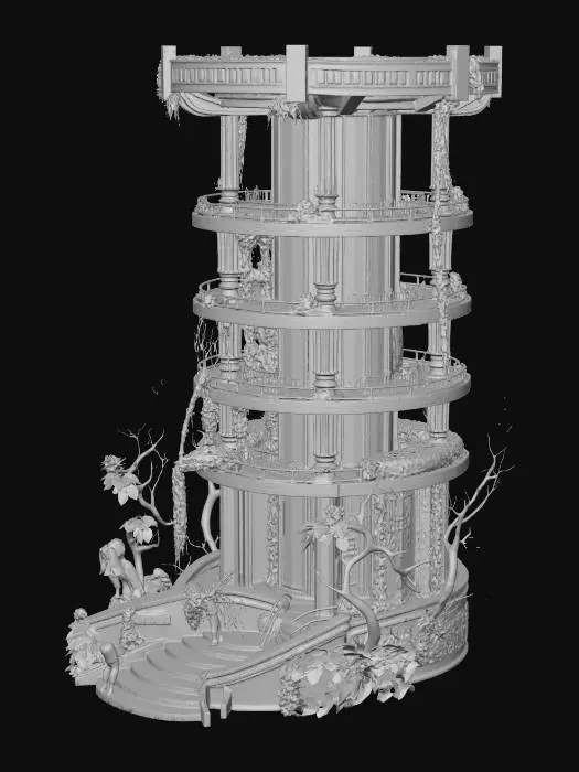 3D model for futuristic memory tower, semi-ruined, layered circular structure, floating fragments, glowing data streams fading into particles, white stone and glass, cracks emitting soft blue light, overgrown vines partially covering, anime style, high detail, cinematic lighting