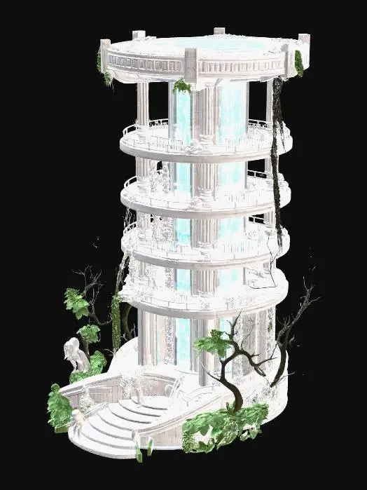 3D model for futuristic memory tower, semi-ruined, layered circular structure, floating fragments, glowing data streams fading into particles, white stone and glass, cracks emitting soft blue light, overgrown vines partially covering, anime style, high detail, cinematic lighting