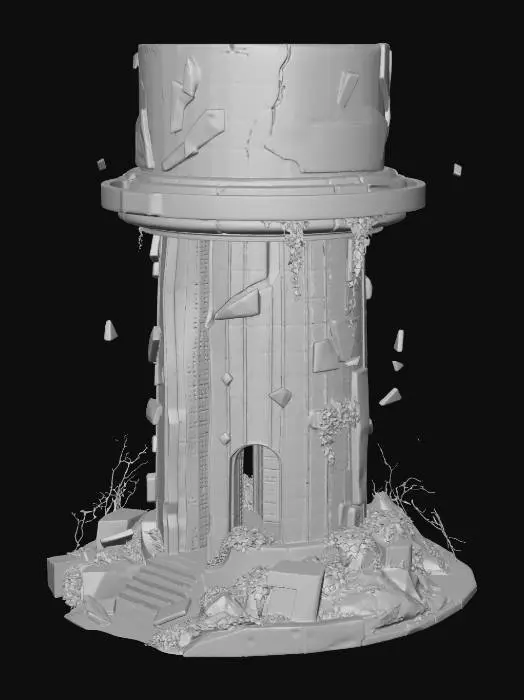 3D model for futuristic memory tower, semi-ruined, layered circular structure, floating fragments, glowing data streams fading into particles, white stone and glass, cracks emitting soft blue light, overgrown vines partially covering, anime style, high detail, cinematic lighting
