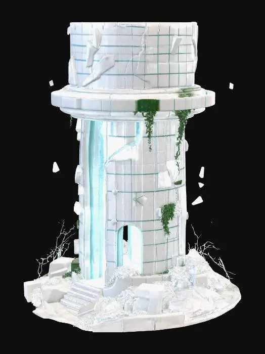 3D model for futuristic memory tower, semi-ruined, layered circular structure, floating fragments, glowing data streams fading into particles, white stone and glass, cracks emitting soft blue light, overgrown vines partially covering, anime style, high detail, cinematic lighting
