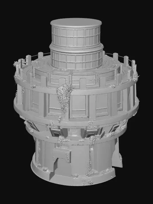 3D model for futuristic memory tower, semi-ruined, layered circular structure, floating fragments, glowing data streams fading into particles, white stone and glass, cracks emitting soft blue light, overgrown vines partially covering, anime style, high detail, cinematic lighting