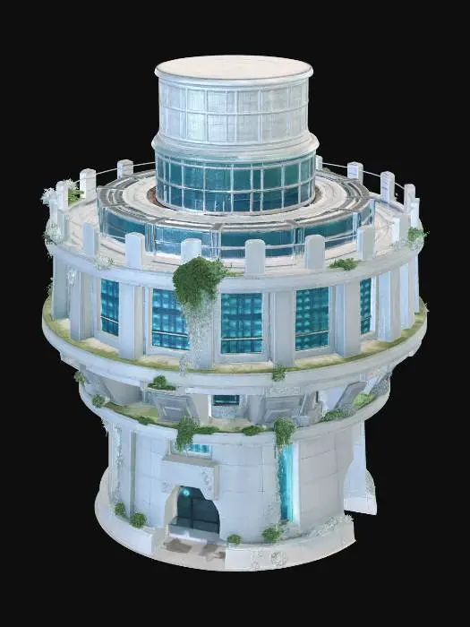 3D model for futuristic memory tower, semi-ruined, layered circular structure, floating fragments, glowing data streams fading into particles, white stone and glass, cracks emitting soft blue light, overgrown vines partially covering, anime style, high detail, cinematic lighting