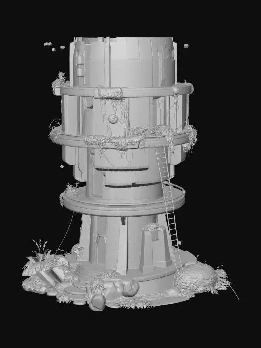 3D model for futuristic memory tower, semi-ruined, layered circular structure, floating fragments, glowing data streams fading into particles, white stone and glass, cracks emitting soft blue light, overgrown vines partially covering, anime style, high detail, cinematic lighting