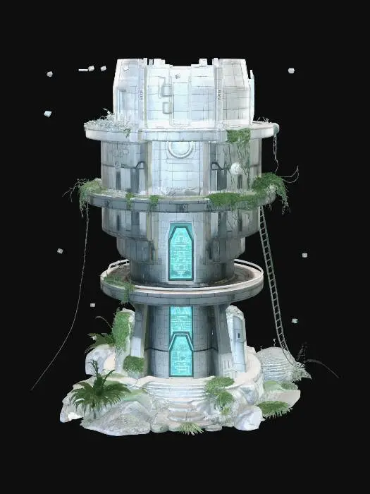 3D model for futuristic memory tower, semi-ruined, layered circular structure, floating fragments, glowing data streams fading into particles, white stone and glass, cracks emitting soft blue light, overgrown vines partially covering, anime style, high detail, cinematic lighting
