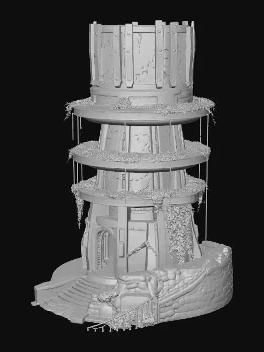 3D model for futuristic memory tower, semi-ruined, layered circular structure, floating fragments, glowing data streams fading into particles, white stone and glass, cracks emitting soft blue light, overgrown vines partially covering, anime style, high detail, cinematic lighting