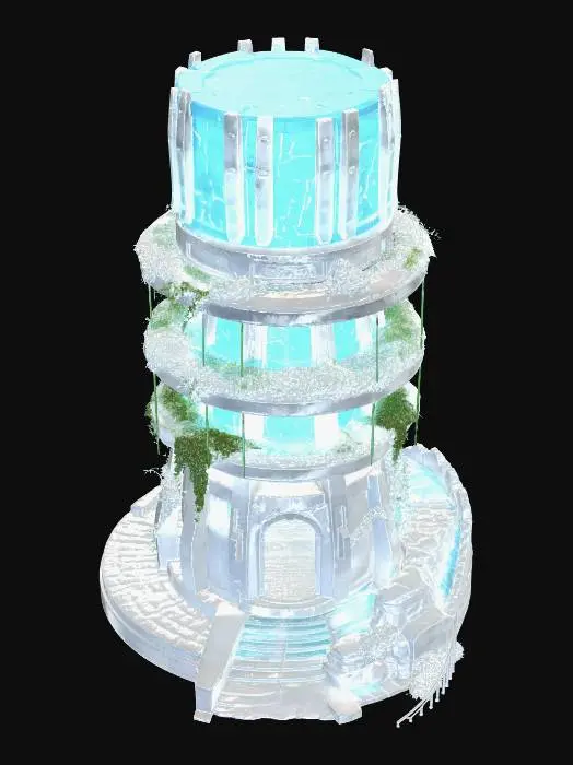 3D model for futuristic memory tower, semi-ruined, layered circular structure, floating fragments, glowing data streams fading into particles, white stone and glass, cracks emitting soft blue light, overgrown vines partially covering, anime style, high detail, cinematic lighting