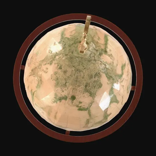 3D model for A classical wooden-stand globe with aged paper maps, intricate brass meridian, and a detailed compass rose on the base.