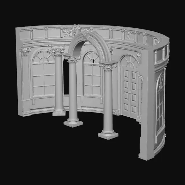 3D model for An architectural column and archway set for a circular hall, made of pale, polished stone, featuring decorative capitals and large arched window frames.